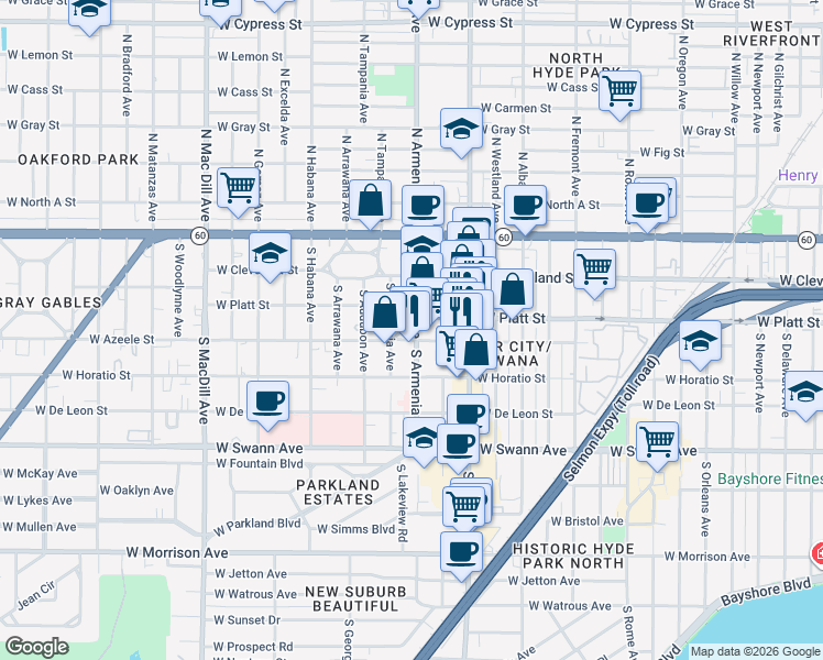 map of restaurants, bars, coffee shops, grocery stores, and more near 2401 West Azeele Street in Tampa