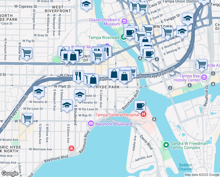 map of restaurants, bars, coffee shops, grocery stores, and more near 249 South Hyde Park Avenue in Tampa