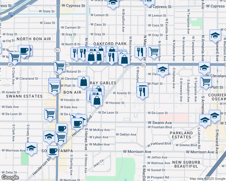 map of restaurants, bars, coffee shops, grocery stores, and more near 209 South Beverly Avenue in Tampa