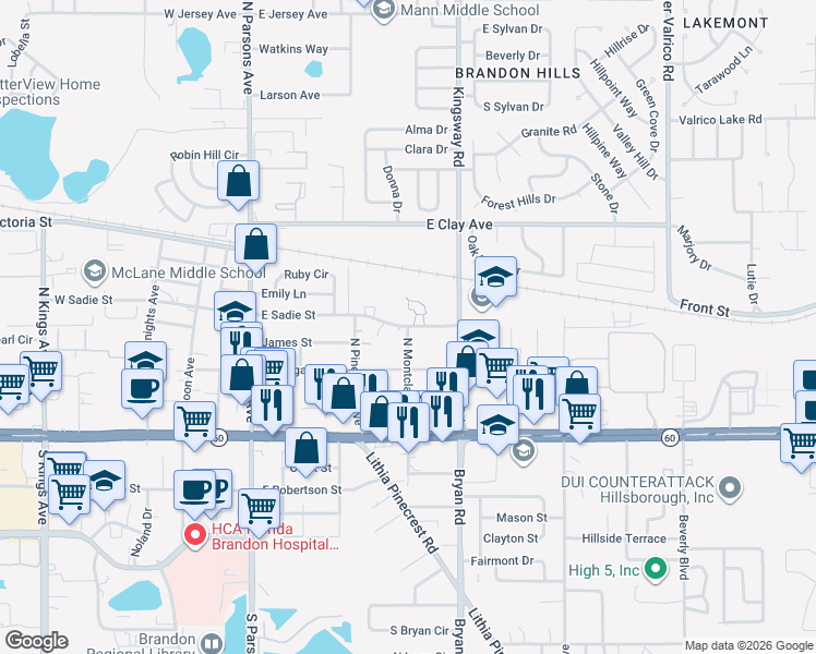 map of restaurants, bars, coffee shops, grocery stores, and more near 409 North Montclair Avenue in Brandon