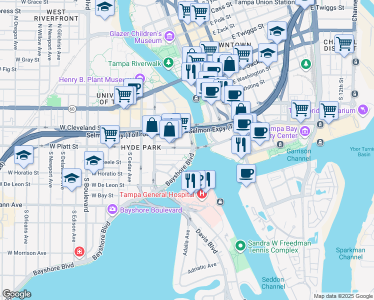 map of restaurants, bars, coffee shops, grocery stores, and more near 275 Bayshore Boulevard in Tampa