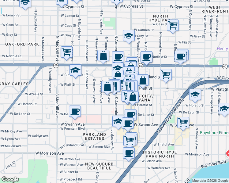 map of restaurants, bars, coffee shops, grocery stores, and more near 2401 West Azeele Street in Tampa