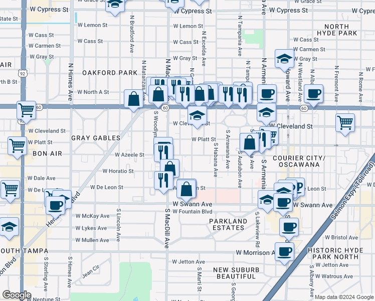 map of restaurants, bars, coffee shops, grocery stores, and more near 306 South Gomez Avenue in Tampa
