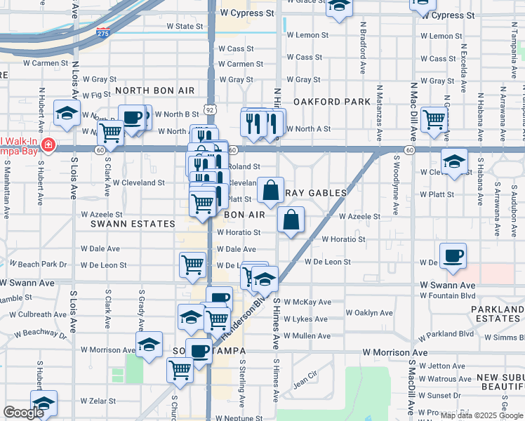 map of restaurants, bars, coffee shops, grocery stores, and more near 3616 West Platt Street in Tampa