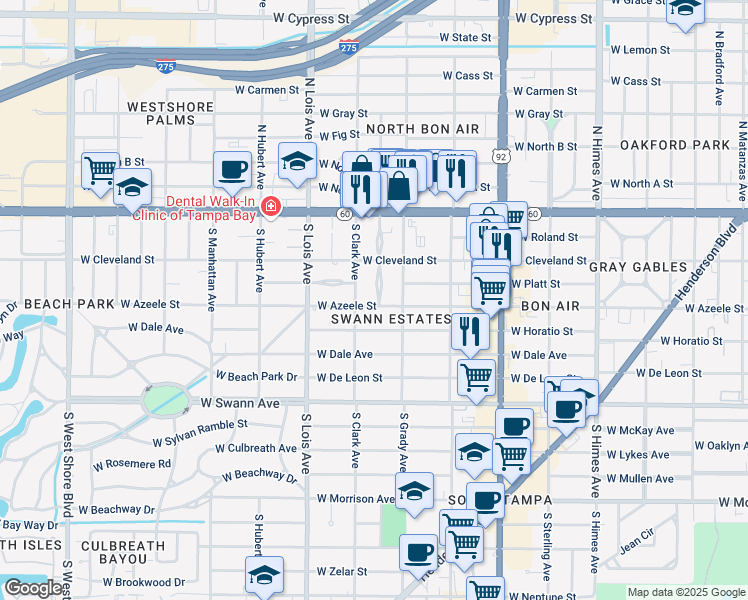 map of restaurants, bars, coffee shops, grocery stores, and more near 210 South Hale Avenue in Tampa