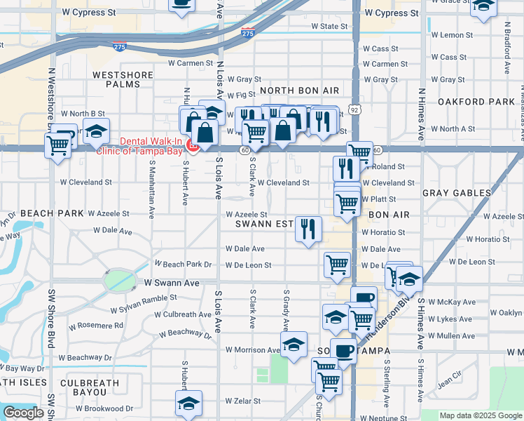 map of restaurants, bars, coffee shops, grocery stores, and more near 4102 West Platt Street in Tampa
