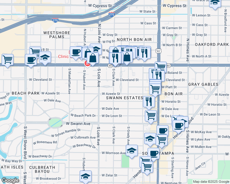 map of restaurants, bars, coffee shops, grocery stores, and more near 4102 West Platt Street in Tampa