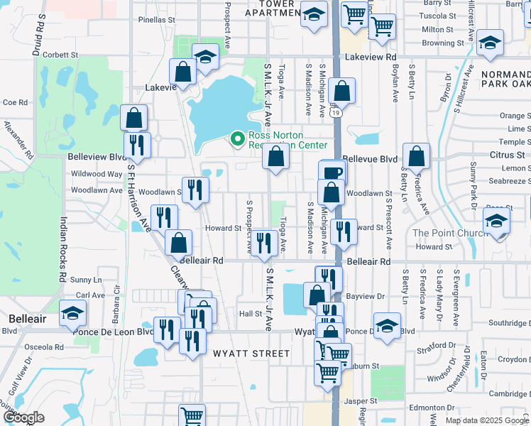 map of restaurants, bars, coffee shops, grocery stores, and more near 1515 South Prospect Avenue in Clearwater