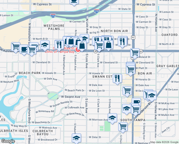 map of restaurants, bars, coffee shops, grocery stores, and more near 4117 West Azeele Street in Tampa