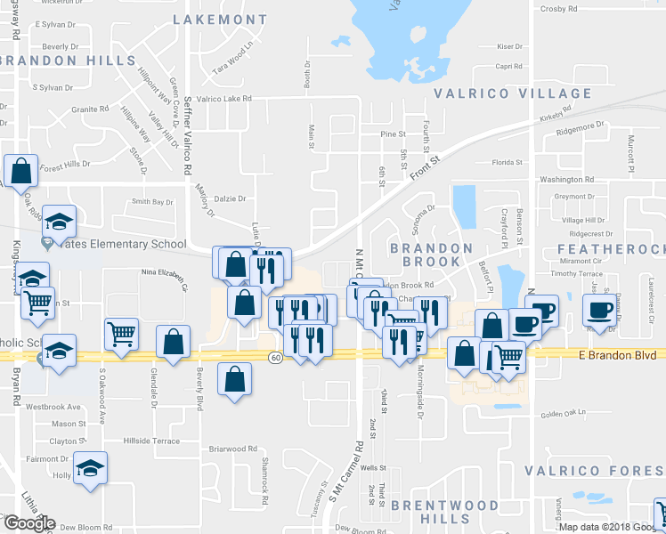 map of restaurants, bars, coffee shops, grocery stores, and more near 328 Morning Rain Place in Valrico