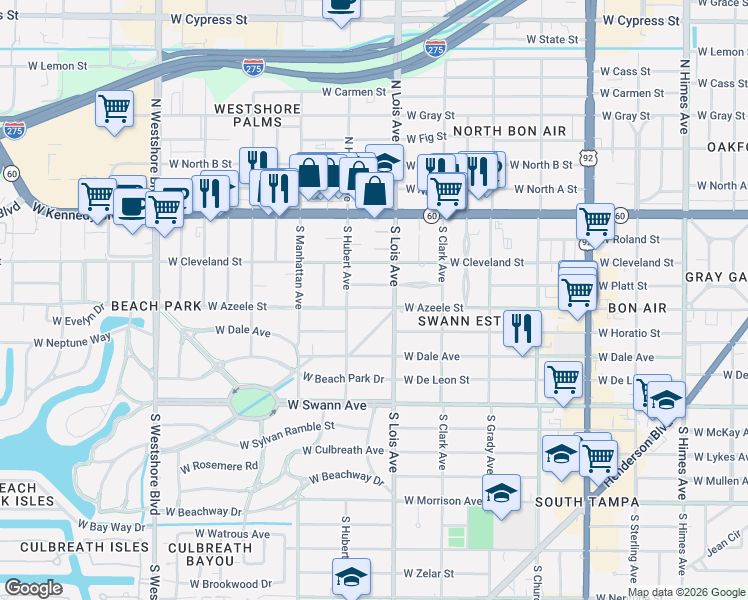 map of restaurants, bars, coffee shops, grocery stores, and more near 4205 West Azeele Street in Tampa