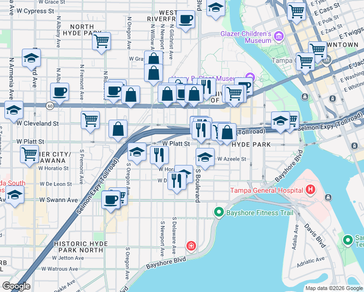 map of restaurants, bars, coffee shops, grocery stores, and more near 1005 West Platt Street in Tampa