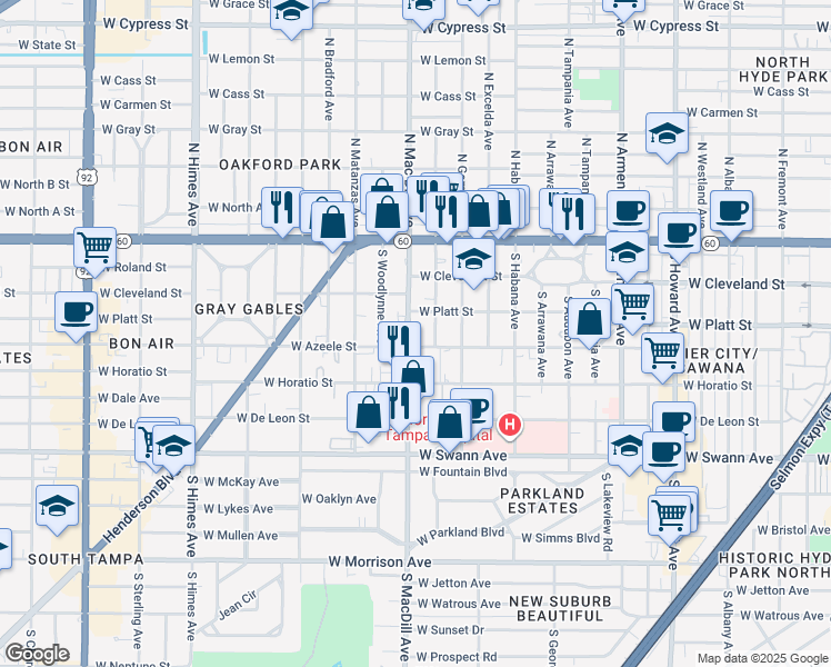 map of restaurants, bars, coffee shops, grocery stores, and more near 303 South New Jersey Avenue in Tampa