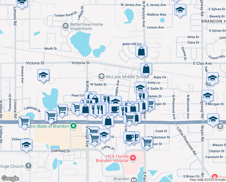 map of restaurants, bars, coffee shops, grocery stores, and more near 403 Big Cedar Way in Brandon