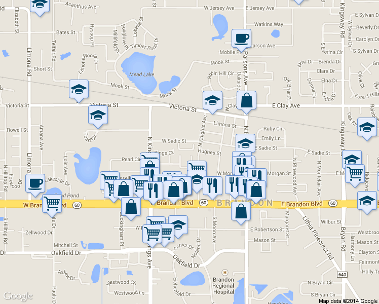 map of restaurants, bars, coffee shops, grocery stores, and more near 403 Big Cedar Way in Brandon