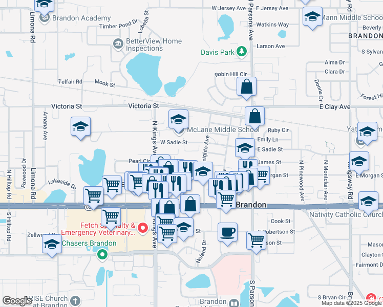 map of restaurants, bars, coffee shops, grocery stores, and more near 418 Big Cedar Way in Brandon
