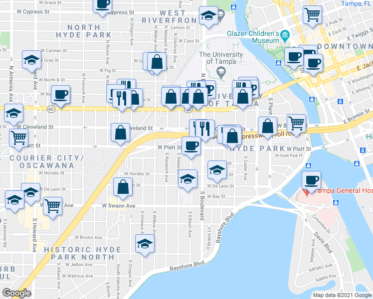 map of restaurants, bars, coffee shops, grocery stores, and more near 1005 West Platt Street in Tampa