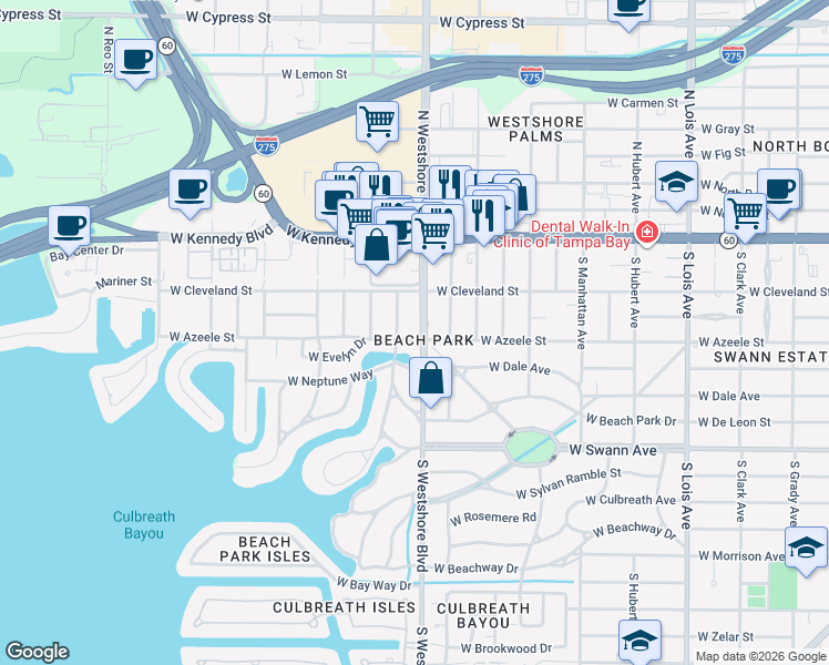 map of restaurants, bars, coffee shops, grocery stores, and more near in Tampa