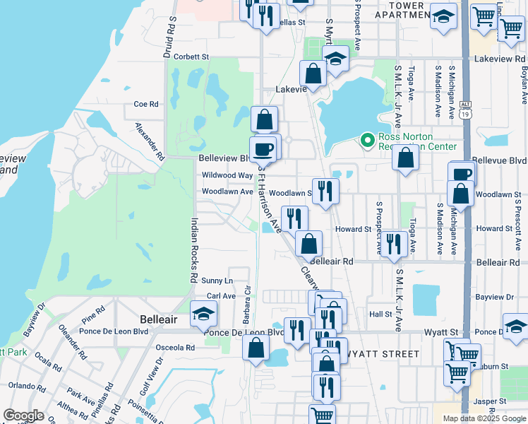 map of restaurants, bars, coffee shops, grocery stores, and more near 505 Fairview Road in Belleair