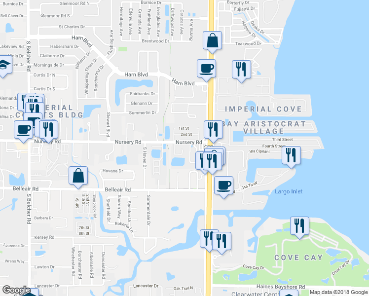 map of restaurants, bars, coffee shops, grocery stores, and more near 1587 Chateaux De Ville Court in Clearwater