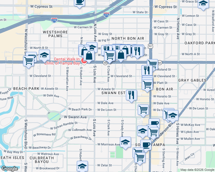 map of restaurants, bars, coffee shops, grocery stores, and more near 215 South Clark Avenue in Tampa