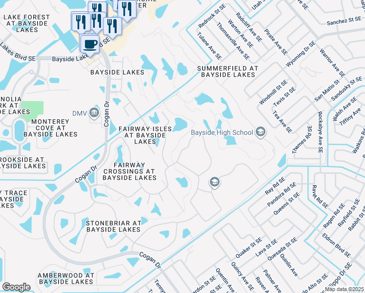 map of restaurants, bars, coffee shops, grocery stores, and more near 797 Morning Cove Circle Southeast in Palm Bay