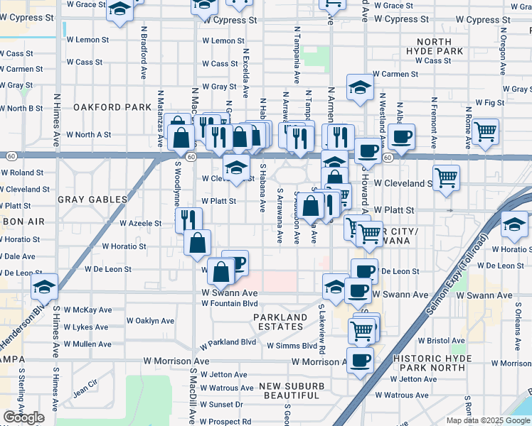map of restaurants, bars, coffee shops, grocery stores, and more near 303 South Habana Avenue in Tampa