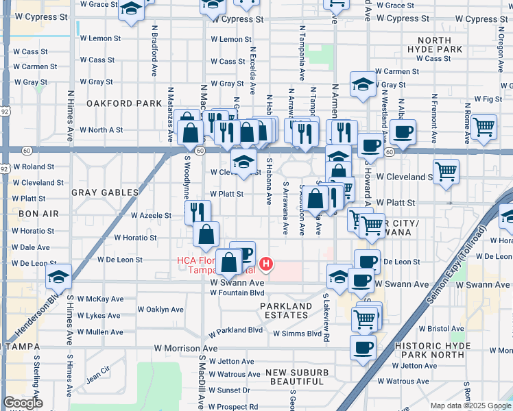 map of restaurants, bars, coffee shops, grocery stores, and more near 303 South Habana Avenue in Tampa