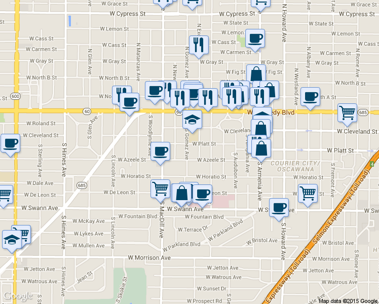 map of restaurants, bars, coffee shops, grocery stores, and more near 306 South Gomez Avenue in Tampa