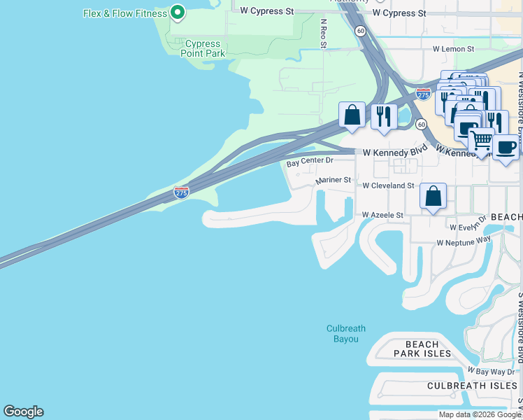 map of restaurants, bars, coffee shops, grocery stores, and more near 5811 Mariner Street in Tampa