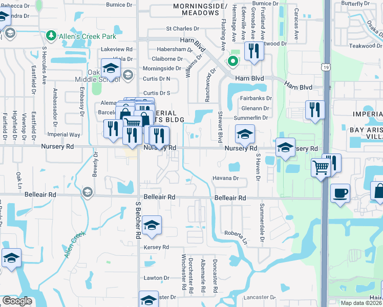 map of restaurants, bars, coffee shops, grocery stores, and more near 2319 Nursery Road in Clearwater