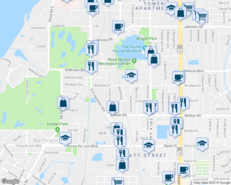 map of restaurants, bars, coffee shops, grocery stores, and more near 1517 Carmel Avenue in Clearwater