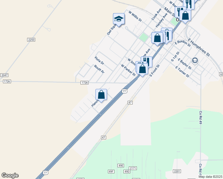 map of restaurants, bars, coffee shops, grocery stores, and more near 107 Hancock in Odem