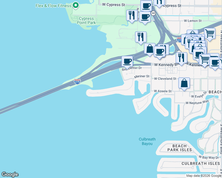 map of restaurants, bars, coffee shops, grocery stores, and more near 5811 Mariner Street in Tampa