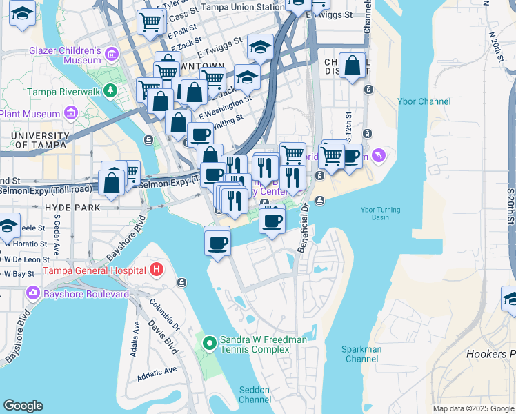 map of restaurants, bars, coffee shops, grocery stores, and more near Old Water Street in Tampa