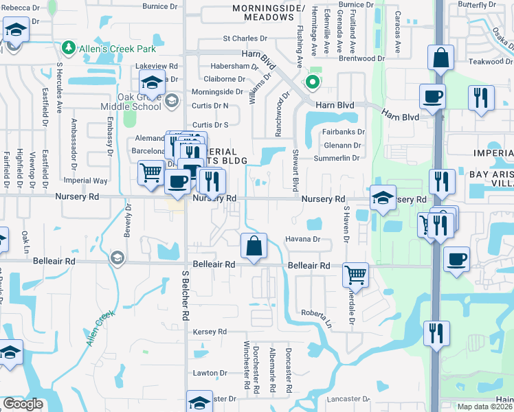 map of restaurants, bars, coffee shops, grocery stores, and more near 2319 Nursery Road in Clearwater