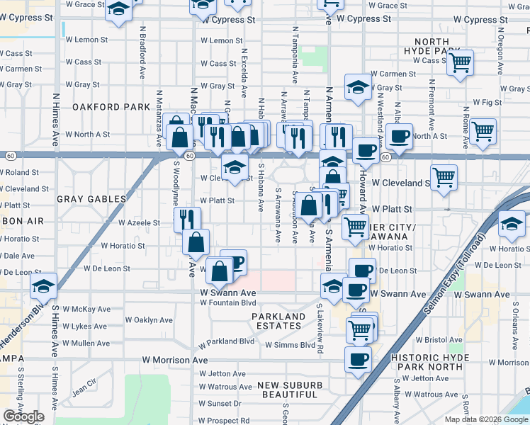 map of restaurants, bars, coffee shops, grocery stores, and more near 303 South Habana Avenue in Tampa