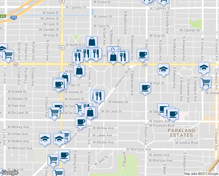 map of restaurants, bars, coffee shops, grocery stores, and more near 215 South Beverly Avenue in Tampa