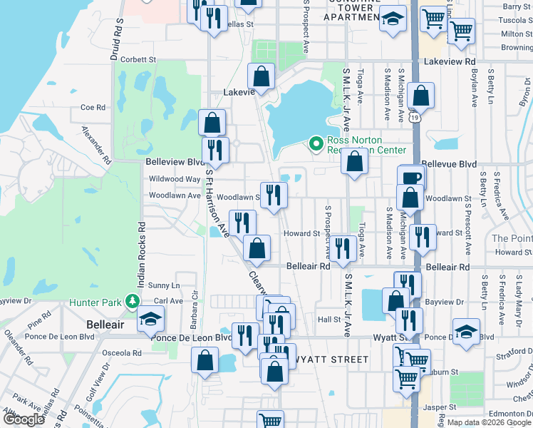 map of restaurants, bars, coffee shops, grocery stores, and more near 1517 Carmel Avenue in Clearwater