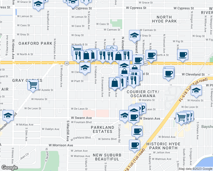 map of restaurants, bars, coffee shops, grocery stores, and more near 304 South Arrawana Avenue in Tampa