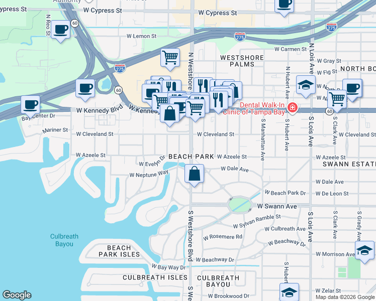 map of restaurants, bars, coffee shops, grocery stores, and more near in Tampa