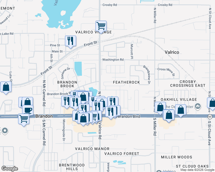 map of restaurants, bars, coffee shops, grocery stores, and more near 2112 Miramont Circle in Valrico