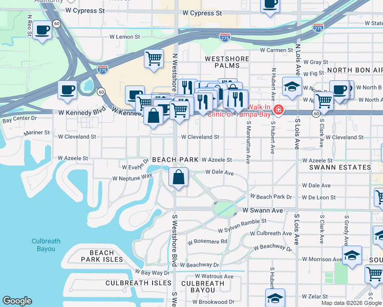 map of restaurants, bars, coffee shops, grocery stores, and more near 209 South Trask Street in Tampa