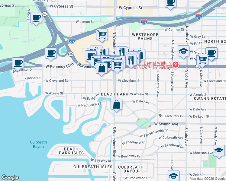map of restaurants, bars, coffee shops, grocery stores, and more near in Tampa