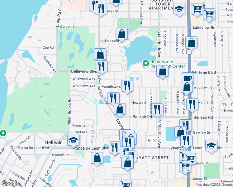 map of restaurants, bars, coffee shops, grocery stores, and more near 1517 Carmel Avenue in Clearwater