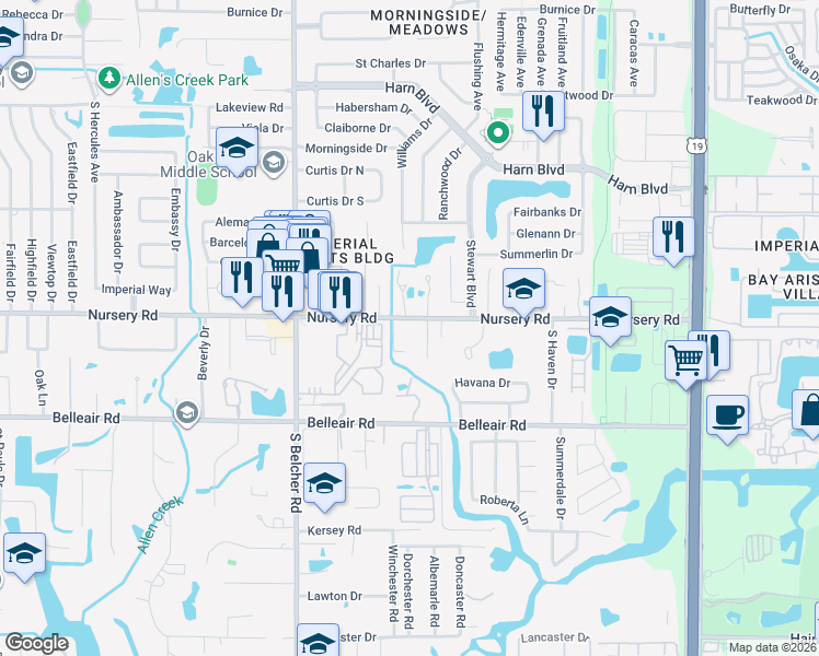 map of restaurants, bars, coffee shops, grocery stores, and more near 2319 Nursery Road in Clearwater