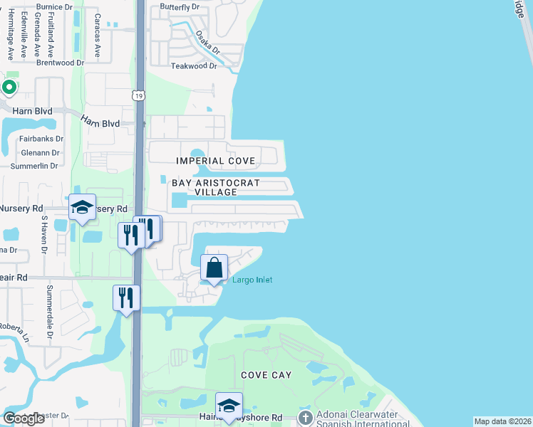 map of restaurants, bars, coffee shops, grocery stores, and more near Bay Aristocraft Village in Clearwater
