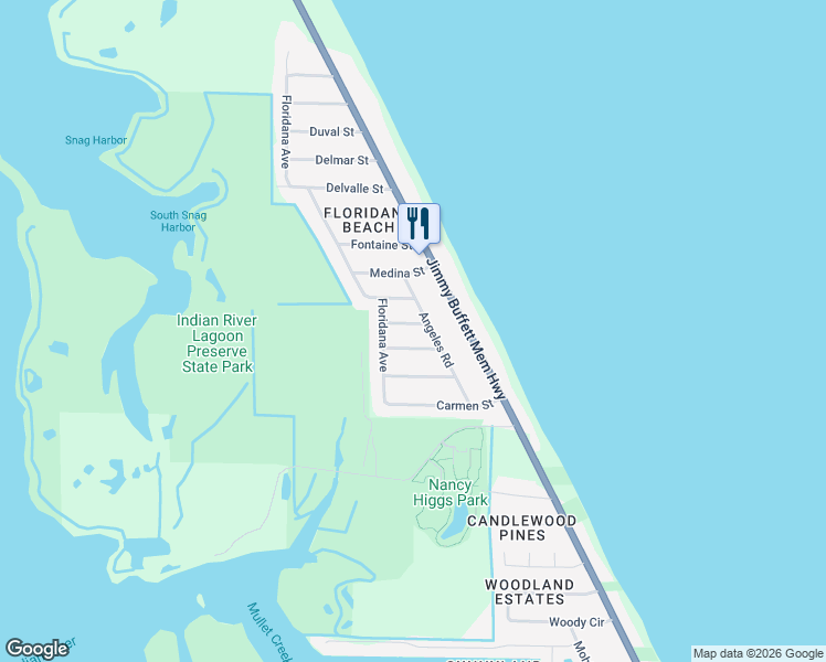 map of restaurants, bars, coffee shops, grocery stores, and more near 101 Matanzas Road in Melbourne Beach
