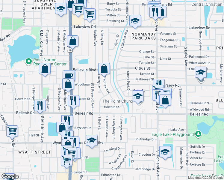 map of restaurants, bars, coffee shops, grocery stores, and more near 1517 South Fredrica Avenue in Clearwater