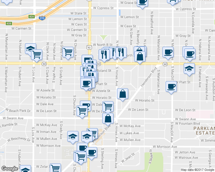 map of restaurants, bars, coffee shops, grocery stores, and more near 3616 West Platt Street in Tampa